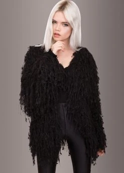 Pretty Attitude Fab Fringe Black Shaggy Open Jacket