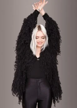 Pretty Attitude Fab Fringe Black Shaggy Open Jacket