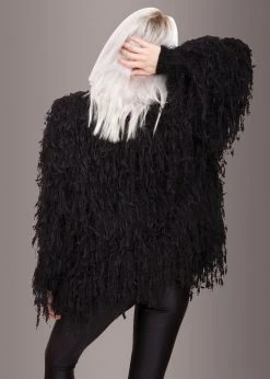 Pretty Attitude Fab Fringe Black Shaggy Open Jacket