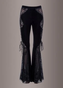 Pretty Attitude Black Velvet Bell Bottoms With Lace Up And See Through Details