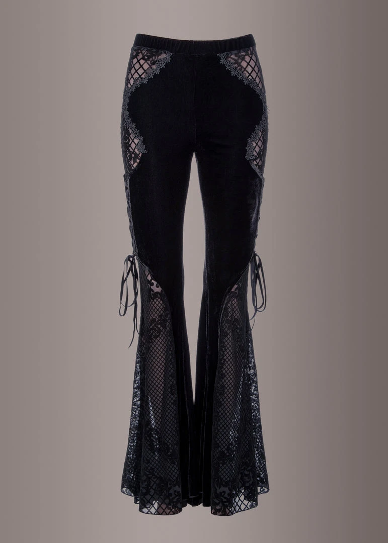 Pretty Attitude Black Velvet Bell Bottoms With Lace Up And See Through Details