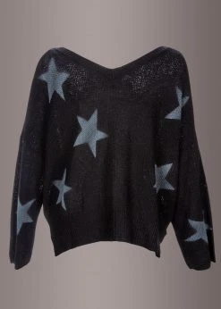 Pretty Attitude Starry Night Cropped V-Neck Star Sweater Black Label