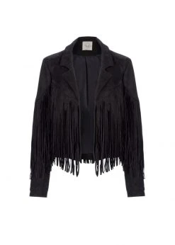 Pretty Attitude Black Faux Suede Moto Jacket With Fringe White Label