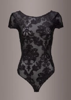 Pretty Attitude Sheer Short Sleeve Bodysuit With Velvet Brocade Design Black Label