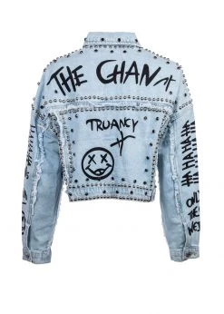 Pretty Attitude Studded Denim Jacket With Graffiti Design