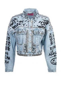 Pretty Attitude Studded Denim Jacket With Graffiti Design
