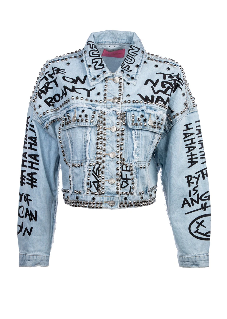 Pretty Attitude Studded Denim Jacket With Graffiti Design