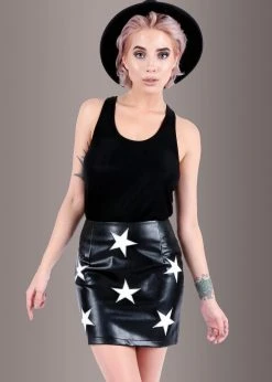Pretty Attitude Black Label Black Faux Leather Mini Skirt With White Star Embellishments