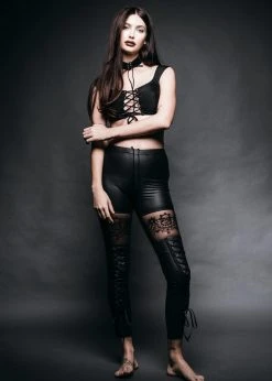 Skull Lace Faux Leather Pants By Punk Rave Black Label