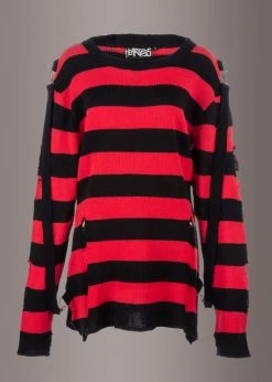 Pretty Attitude Black And Red Striped Oversized Knit Sweater With Straps And Buckles