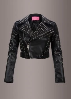 Pretty Attitude Cropped Faux Leather Moto Jacket With Studs Black Label