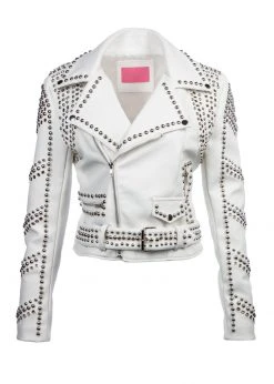 Pretty Attitude White Label White Faux Leather Moto Jacket With Studs