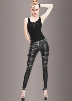 Pretty Attitude Blackend Faux Leather Pants With Zippers And Buckles Black Label