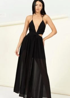 Pretty Attitude Black Deep V Maxi Dress With Cutouts White Label