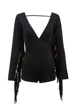 Pretty Attitude Black Faux Suede Fringe Detail Romper White Label