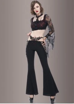 Pretty Attitude Black Label Black Bell Bottoms With Embroidery And Lace Up Details