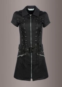 Pretty Attitude Black Goth Mini Dress With Collar, Buckles, Studs And Lacing