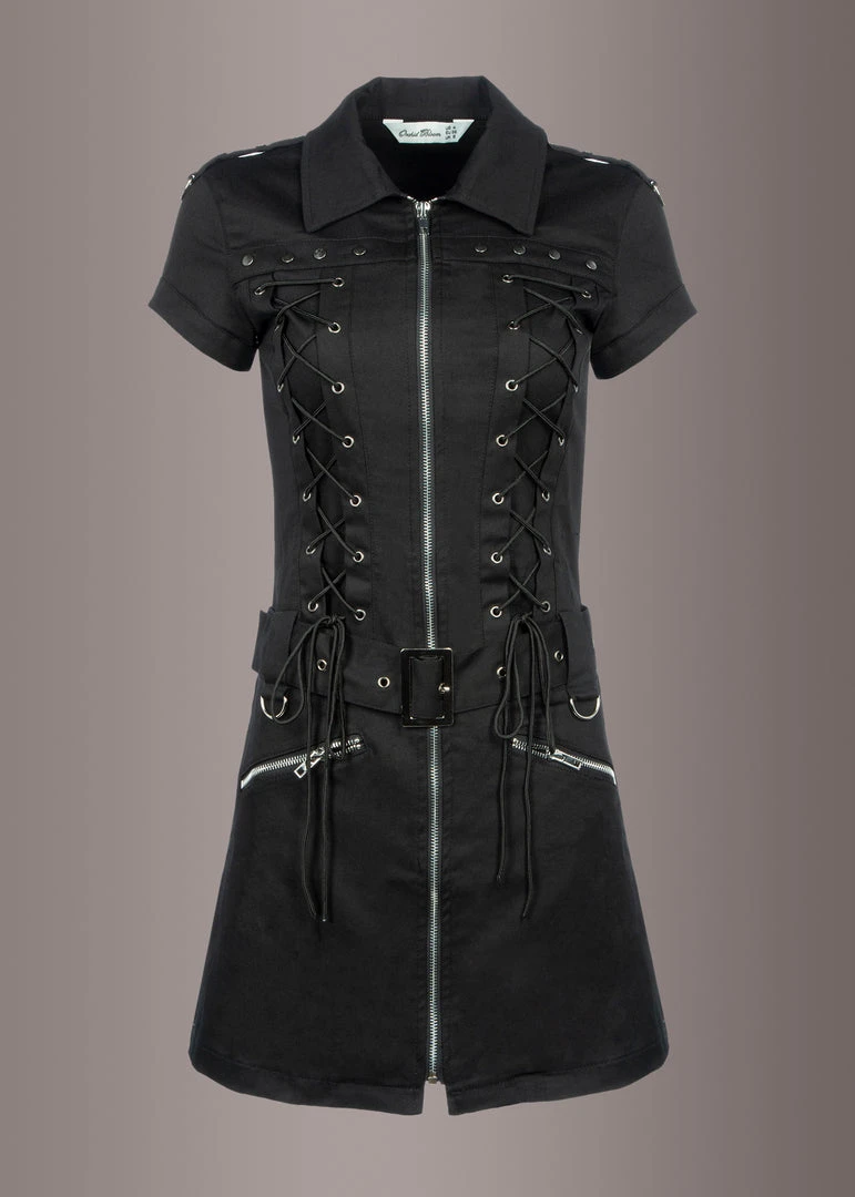 Pretty Attitude Black Goth Mini Dress With Collar, Buckles, Studs And Lacing