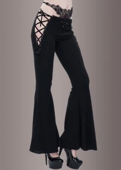 Pretty Attitude Black Label Black Bell Bottoms With Embroidery And Lace Up Details