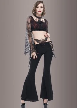 Pretty Attitude Black Label Black Bell Bottoms With Embroidery And Lace Up Details
