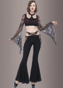 Pretty Attitude Black Label Black Bell Bottoms With Embroidery And Lace Up Details