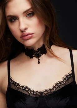 Pretty Attitude Black Lace Beaded Choker Necklace Black Label