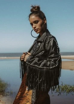 Azalea Wang White Label Rockstar Vegan Leather Fringe Jacket With Studs
