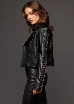 Pretty Attitude Faux Leather Moto Jacket With O-Ring Details Black Label