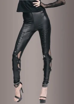 Pretty Attitude Faux Leather Lace Up Pants With Buckles Black Label