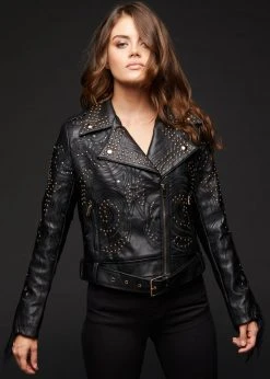 Pretty Attitude Riders In The Sky Vegan Leather Moto Jacket With Studs And Fringe