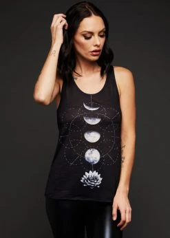 Pretty Attitude Black Label Lotus Flower Moon Phases Loose Fit Tank Top