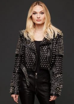Azalea Wang Black Label Hellraiser Allover Studded Vegan Leather Moto Jacket