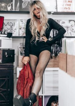 Pretty Attitude Black Faux Suede Fringe Detail Romper White Label