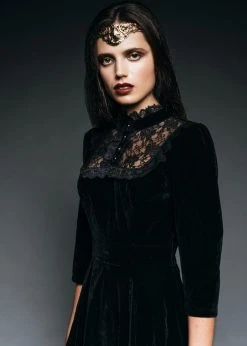 Pretty Attitude Black Label Dark Empress Black Velvet High Collar Dress With Lace Details