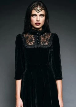 Pretty Attitude Black Label Dark Empress Black Velvet High Collar Dress With Lace Details