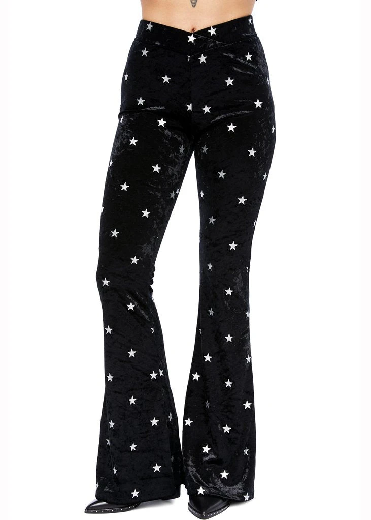Pretty Attitude Starlight Black Velvet Flared Bell Bottom Pants White Label