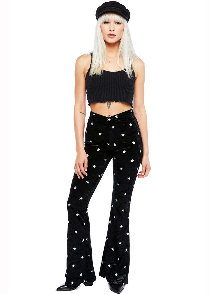 Pretty Attitude Starlight Black Velvet Flared Bell Bottom Pants White Label