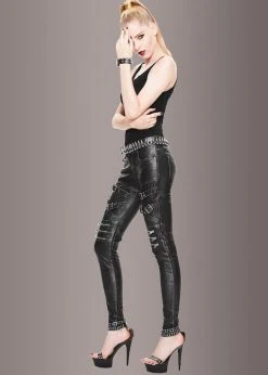 Pretty Attitude Blackend Faux Leather Pants With Zippers And Buckles Black Label