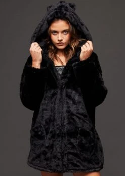 Pretty Attitude Black Label Black Faux Fur Coat With Cat Ears