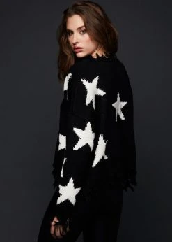 Pretty Attitude Distressed Black Knit Sweater With Stars Black Label