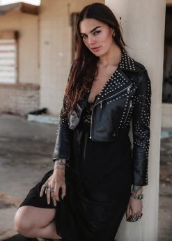 Pretty Attitude Cropped Faux Leather Moto Jacket With Studs Black Label