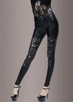 Pretty Attitude Faux Leather Pants With Cutout Lace Pattern