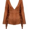 Pretty Attitude Faux Suede Romper With Fringe Detail And Deep V Neckline