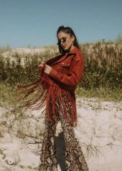 Pretty Attitude Festival Ready Red Fringe Jacket With Studs
