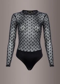 Pretty Attitude Velvet Moon Print Long Sleeve Mesh Bodysuit