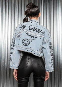 Pretty Attitude Studded Denim Jacket With Graffiti Design