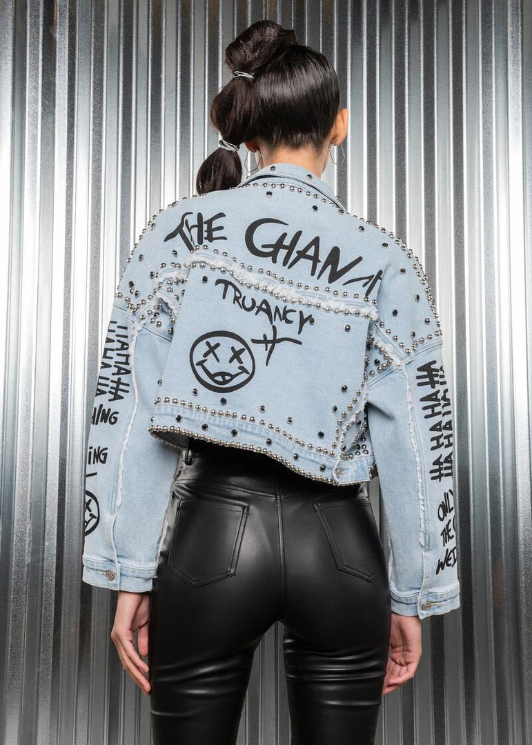 Pretty Attitude Studded Denim Jacket With Graffiti Design