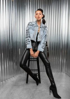 Pretty Attitude Studded Denim Jacket With Graffiti Design