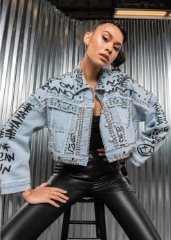 Pretty Attitude Studded Denim Jacket With Graffiti Design