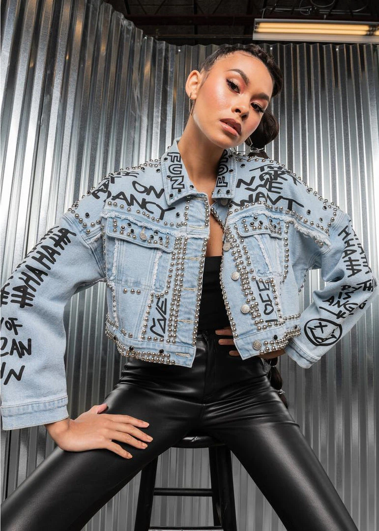 Pretty Attitude Studded Denim Jacket With Graffiti Design